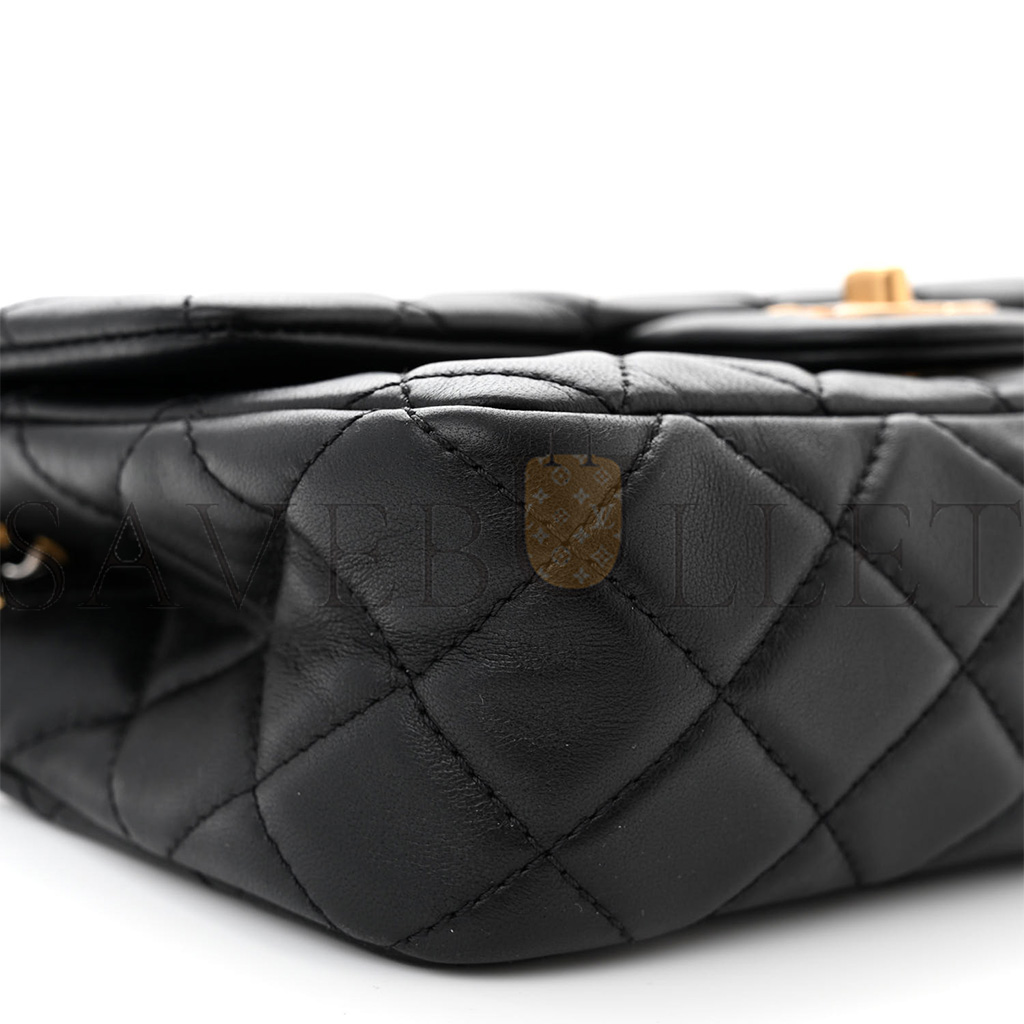 CHANEL LAMBSKIN QUILTED MINI RECTANGULAR PEARL CRUSH FLAP BLACK AS1787 (19*13*6cm)